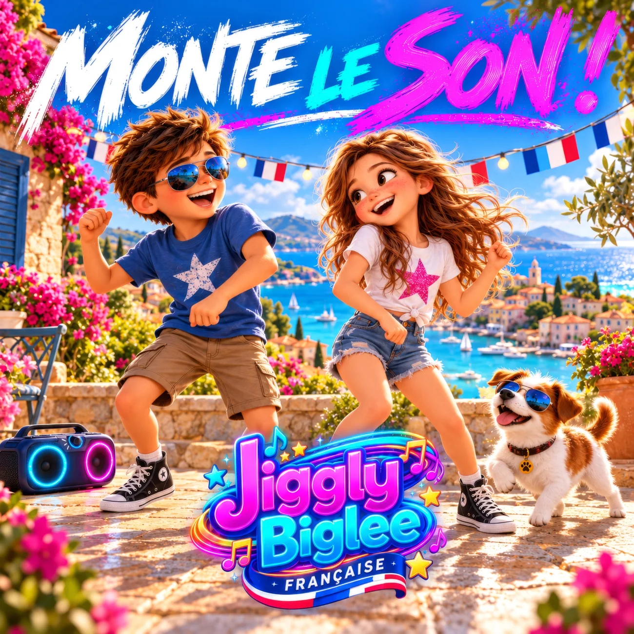 Univers musical JigglyBiglee Française : deux enfants et leur chien sur la côte méditerranéenne
