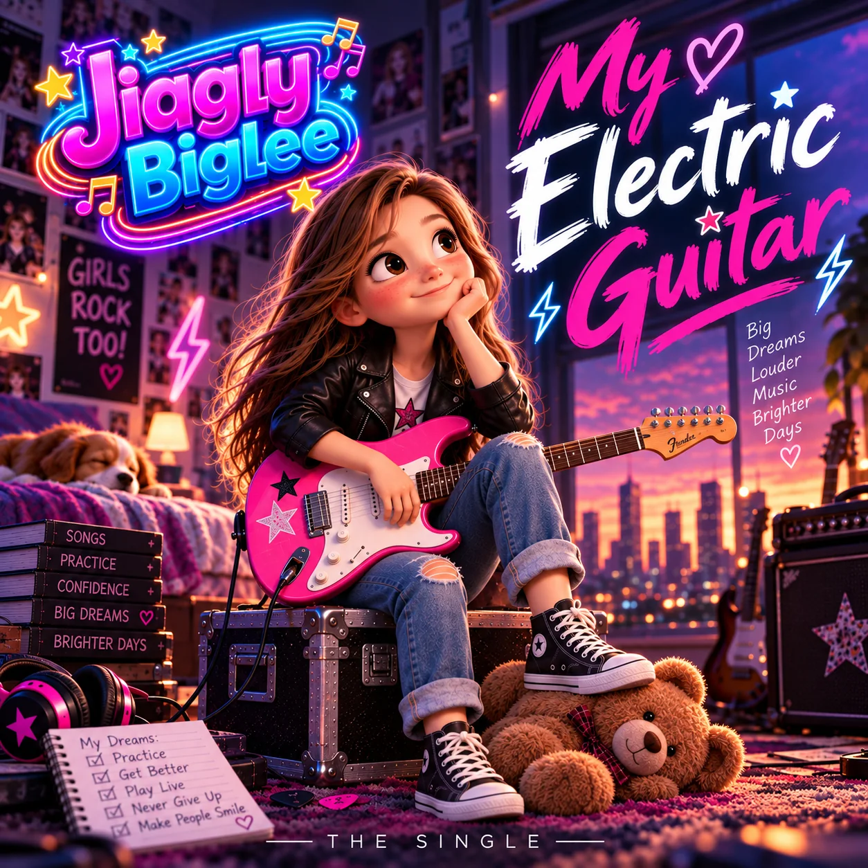 Pochette My Electric Guitar, une jeune guitariste et son instrument rose